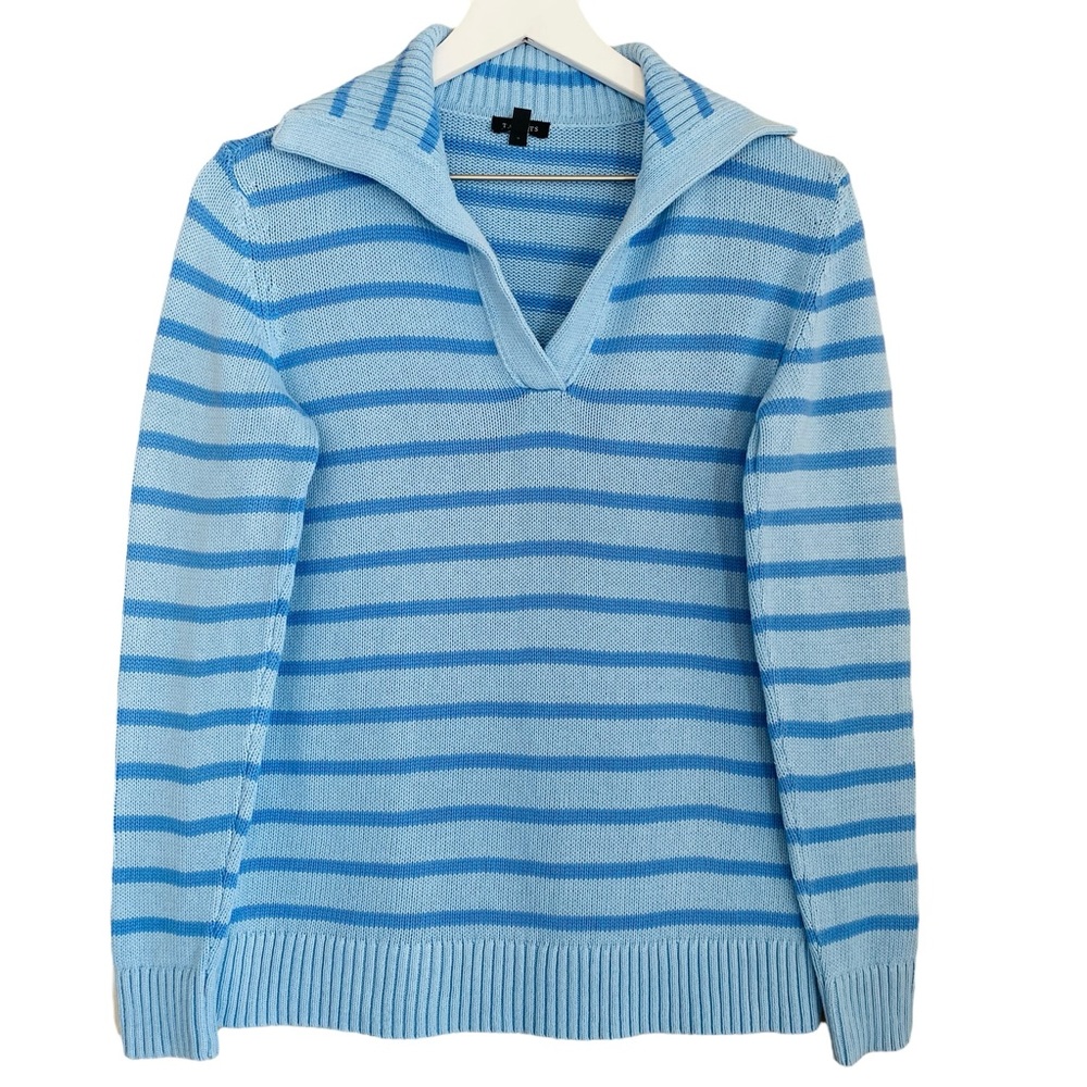 Talbots Blue Stripe Brushed Cotton Johnny Collar Pullover Sweater Size‎ XS - Picture 2 of 6
